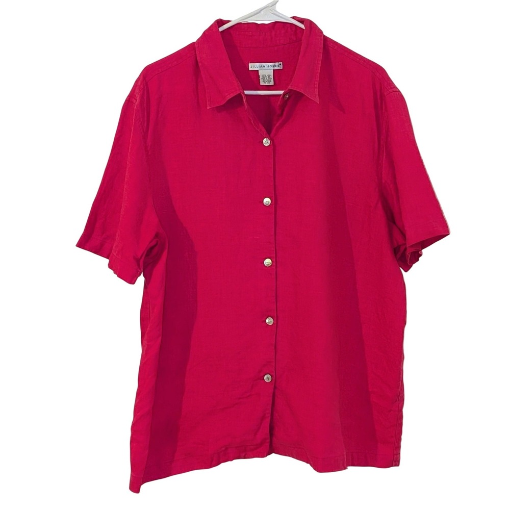 Jillian Jones Womens XL Magenta Pink 100% Linen Short Sleeve Button Down Shirt